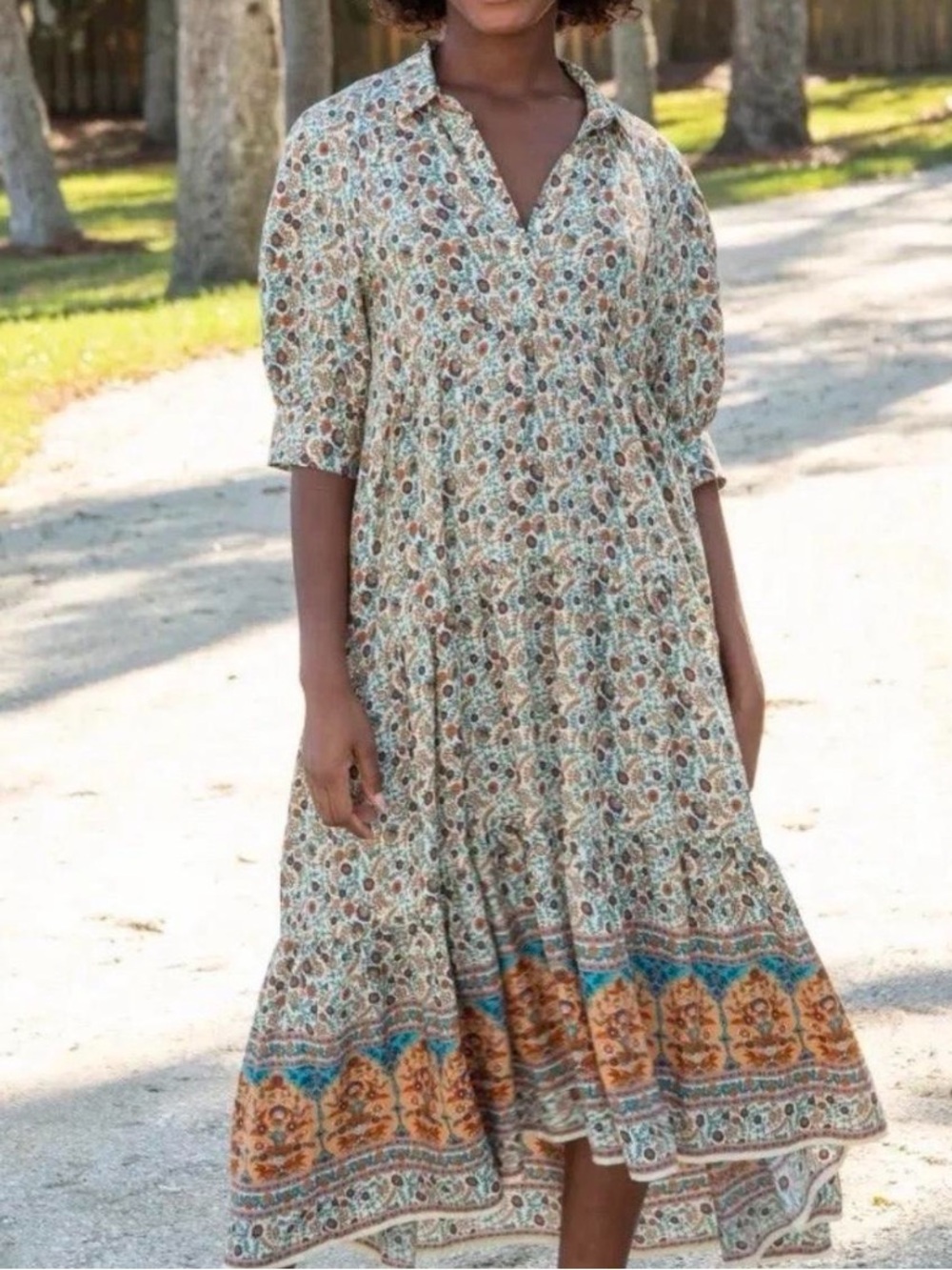 NATURAL LIFE Floral Tiered Midi Dress in Cream, Blue, Brown